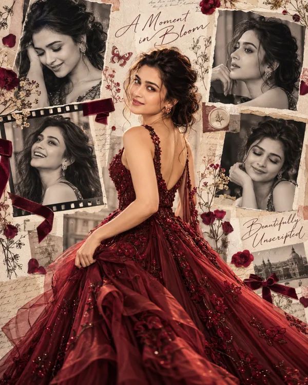 Burgundy Gown AI Photo Editing Prompt for Girls | Wine Red Dress Aesthetic Photo Collage Prompt