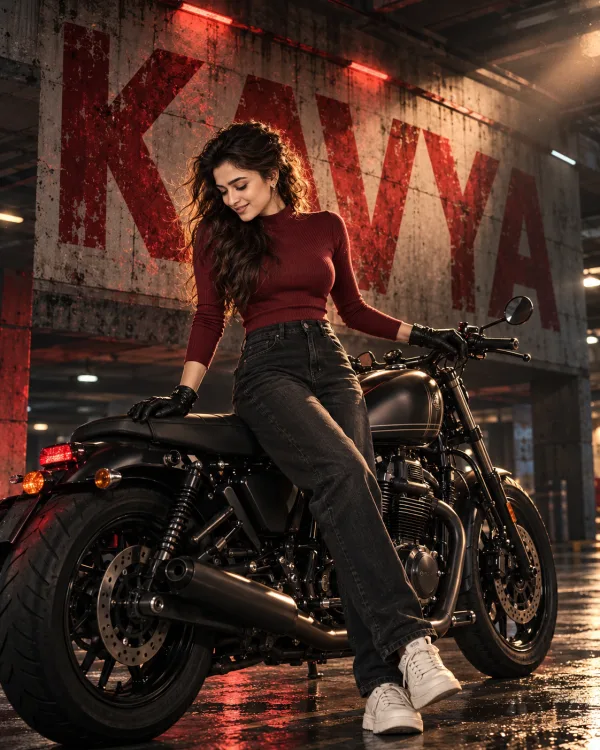 Motorcycle Girl Name Poster Cinematic Photo Editing Prompt