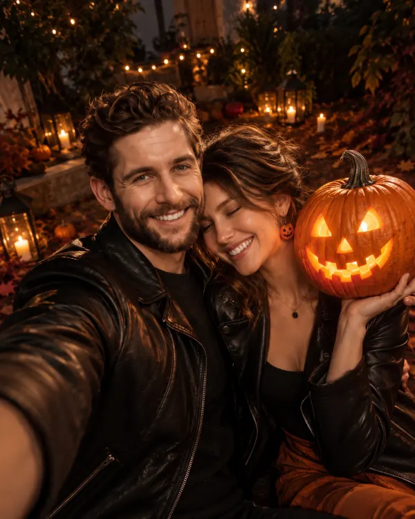 Glowing Pumpkin Halloween Selfie AI Photo Editing Prompt | Black Leather Jacket Autumn Halloween Portrait Prompt