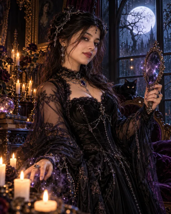 Victorian Witch Moonlight Fantasy Portrait Prompt | Dark Sorceress Gothic Mansion AI Photo Editing Prompt