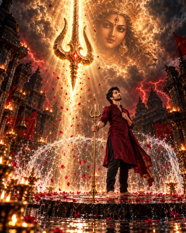 Maa Durga Divine Trishul Cinematic Photo Editing Prompt