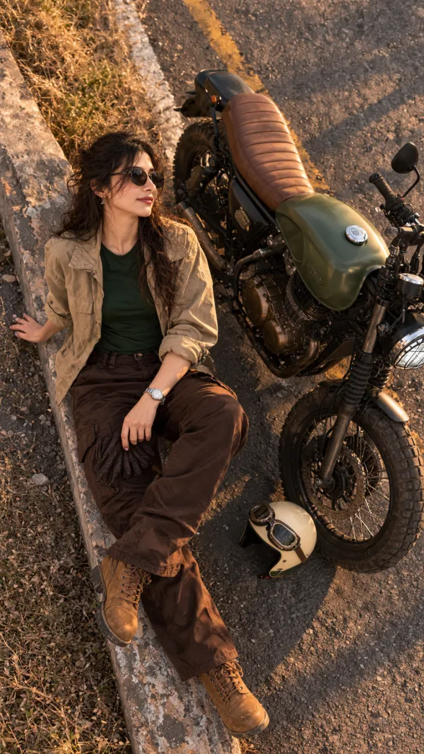 Olive Green Scrambler Bike Rider Aesthetic Photography Prompt