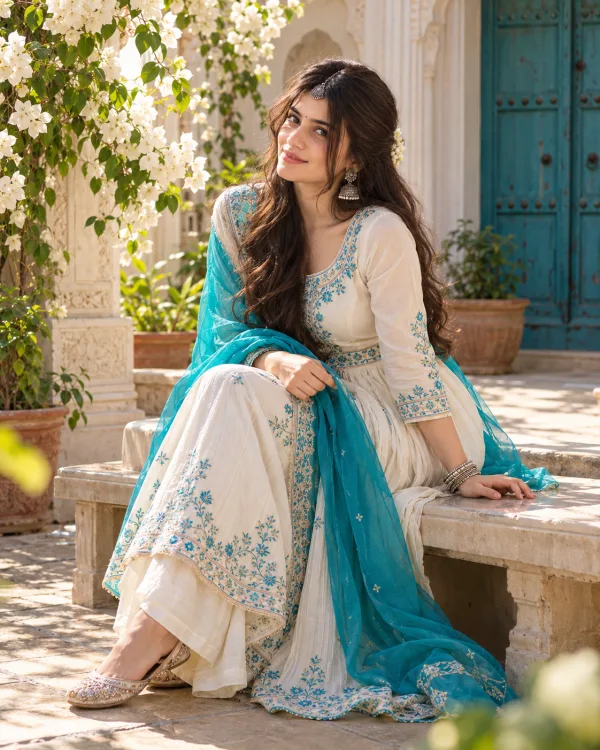 Ivory Chanderi Ethnic Wear Haveli Courtyard Photography Prompt | White Anarkali Suit Turquoise Dupatta AI Photo Editing