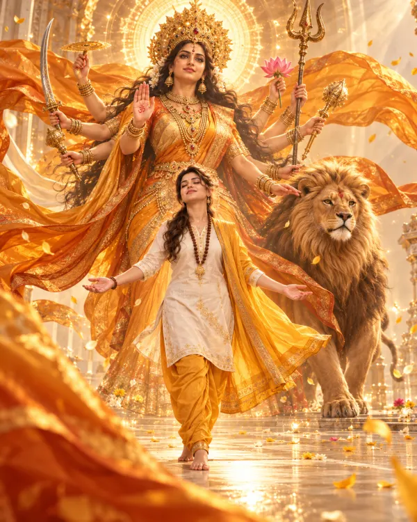 Maa Durga Blessings with Lion Saffron Attire AI Portrait Prompt | Maa Durga Deeksha AI Photo Editing Prompt