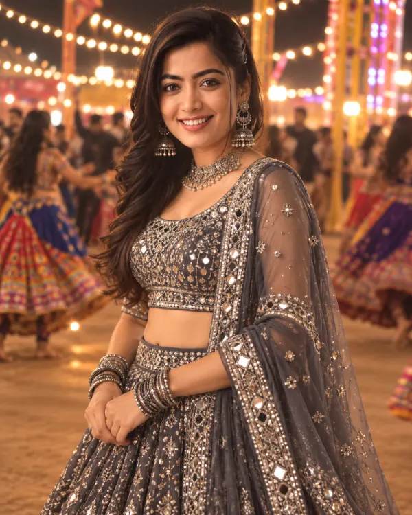 Grey Silver Gujarati Chaniya Choli Navratri AI Photo Editing Prompt