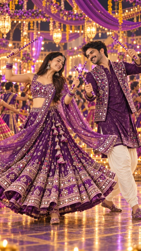 Purple Dandiya Fever Couple AI Photo Editing Prompt | Navratri Day 8