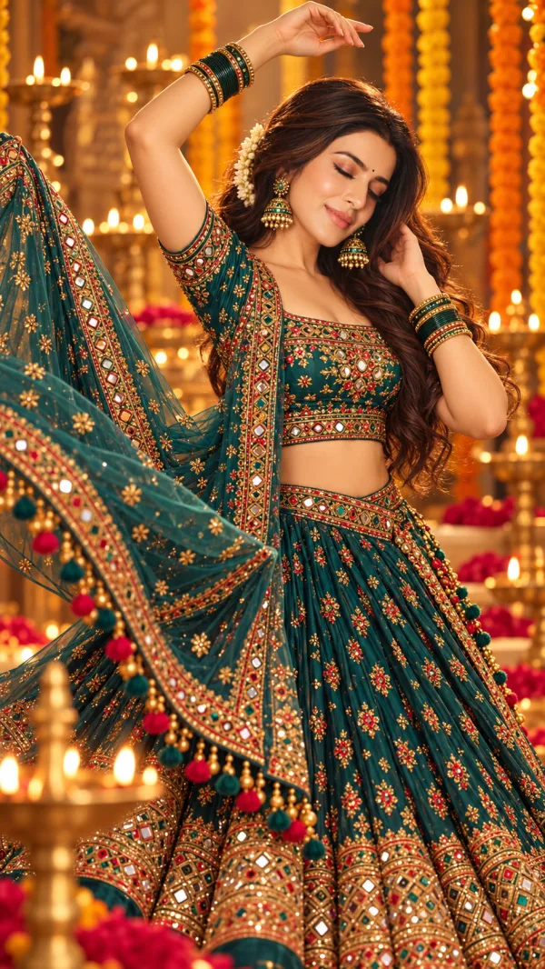 Peacock Teal Green Lehenga Navratri AI Photo Editing Prompt | 9th Day of Navratri