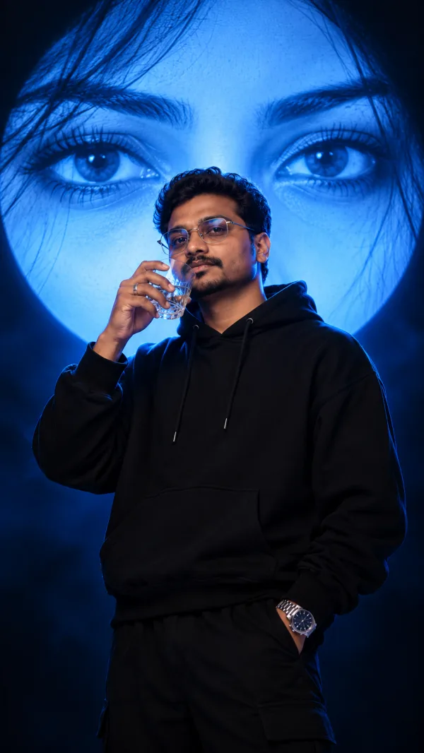 Black Hoodie Portrait with Giant Female Blue Eyes AI Photo Prompt