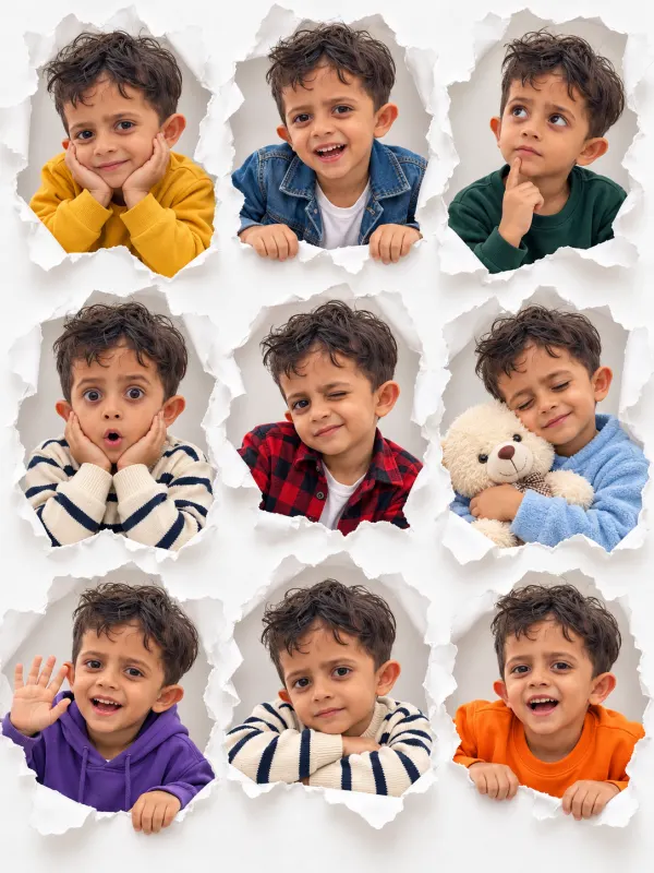 Cute Child 3×3 Outfit Collage AI Photo Prompt | Nine Expressions