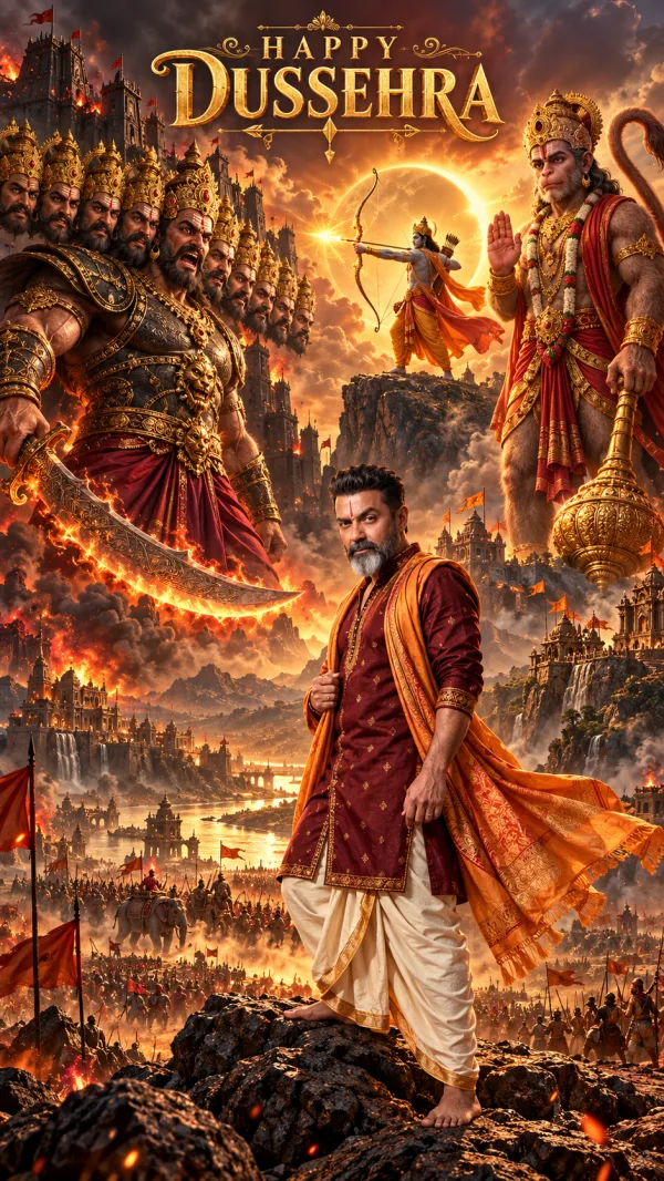 Happy Dussehra Mythological Movie Poster AI Photo Prompt