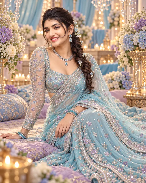 Aqua Blue Saree AI Photo Editing Prompt | Luxury Ethnic Fashion