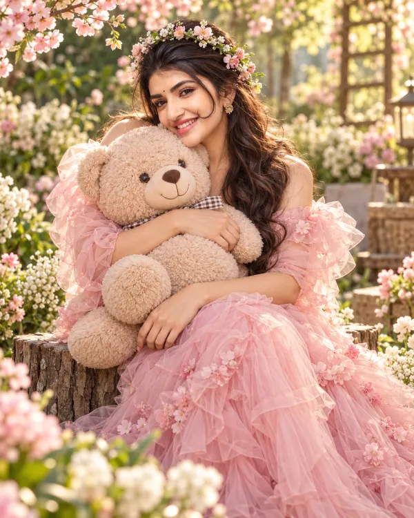Pink Tulle Gown AI Photo Editing Prompt with Teddy Bear