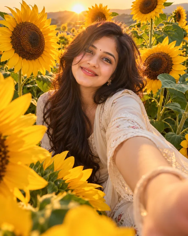 Sunflower Field Selfie AI Photo Editing Prompt | Golden Hour Portrait