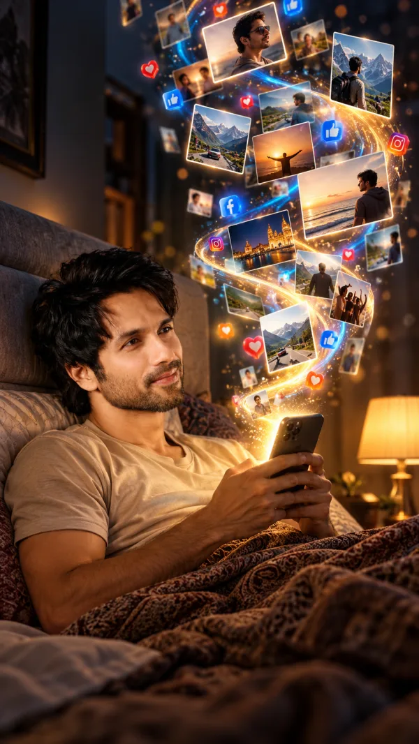 Man Using Phone with Magical Floating Photos Cinematic Portrait