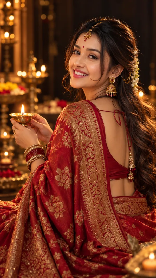 Red Saree Diya AI Photo Editing Prompt | Luxury Indian Diwali Portrait