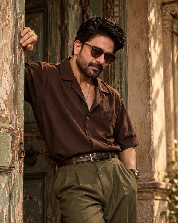 AI Photo Editing Prompt for Men in Vintage Brown Shirt and Sunglasses