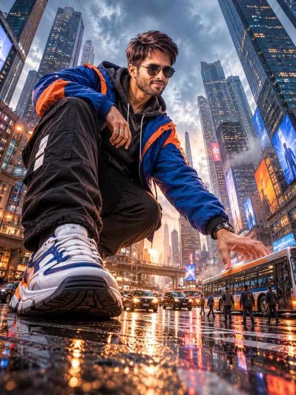 Giant Man in a Miniature City AI Photo Editing Prompt | Surreal Streetwear