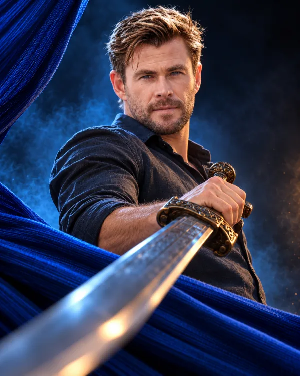 Dramatic Sword Portrait AI Prompt | Dark Blue Shirt, Steel Blade and Sapphire Fabric