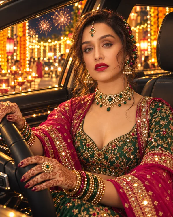 Diwali Night Car Selfie AI Photo Editing Prompt for Women in Green Lehenga
