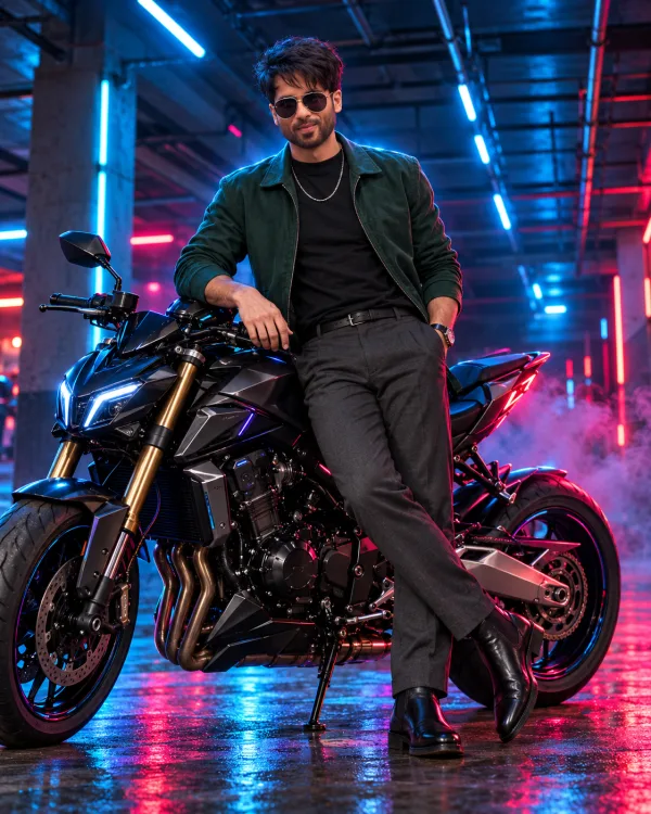 Neon Blue and Pink Bike Photoshoot Prompt for Men with Black Motorcycle