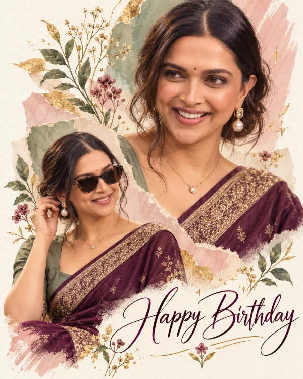 Happy Birthday Poster Design Prompt for Women in Plum Saree