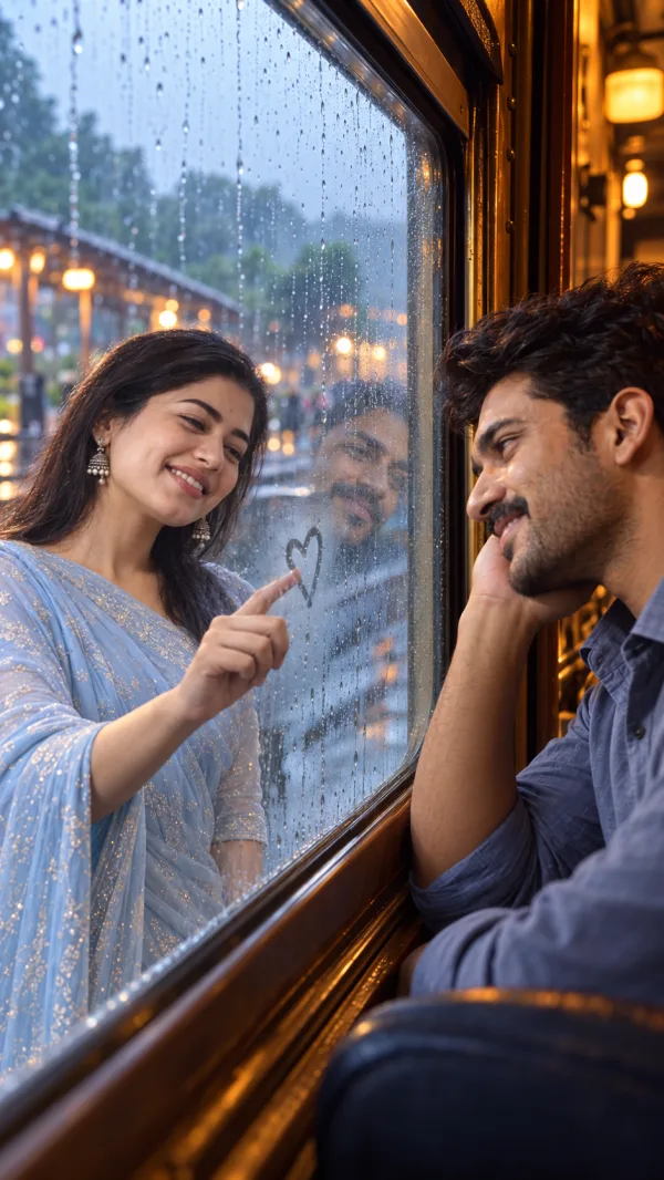 Romantic Train Window Love Scene AI Photo Editing Prompt | Rainy Day Couple