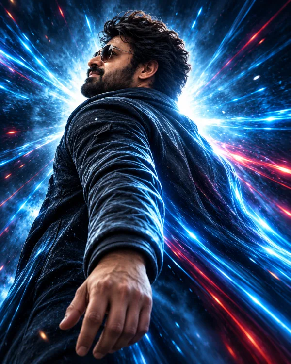 Cinematic Blue Energy Burst Portrait Prompt | Dynamic Perspective and Light Trails