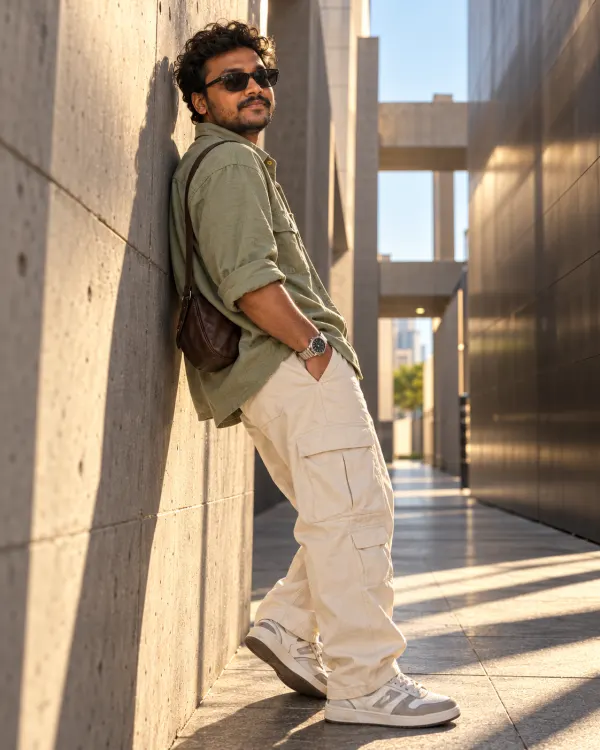 Brutalist Architecture Streetwear Photoshoot Prompt | Sage Green Shirt and Cream Cargo Pants Outfit AI Photo Editing Pro