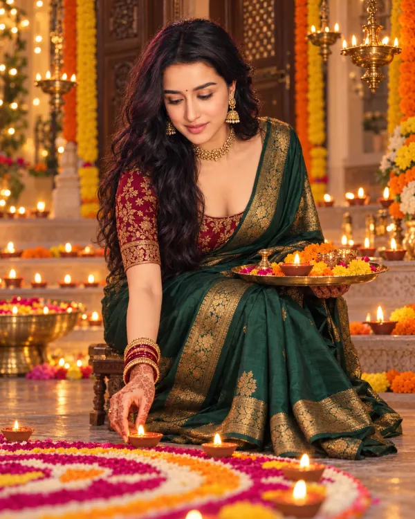 Traditional Diwali Portrait AI Photo Editing Prompt | Rangoli, Mehndi and Festive Lights Prompt