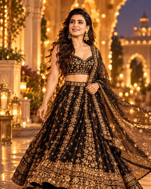 Black and Gold Lehenga Photoshoot AI Prompt with Luxury Palace Background