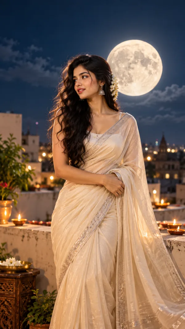 Sharad Purnima Photoshoot Prompt in White Traditional Outfit with Full Moon