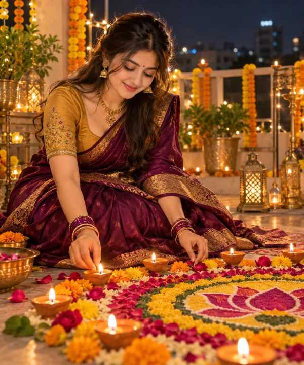 Diwali Rangoli Photoshoot Prompt in Purple Silk Saree with Glowing Diyas