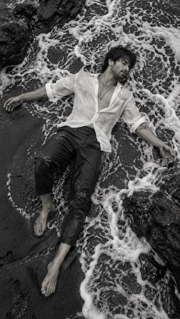 Black and White Beach Portrait AI Photo Editing Prompt