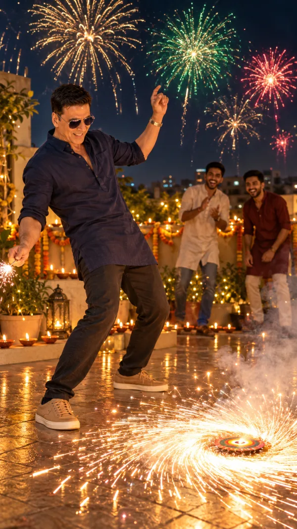 Diwali Rooftop Photoshoot AI Prompt with Spinning Chakri and Colorful Fireworks