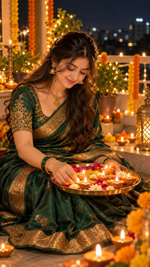 Woman Holding Diya Plate AI Photo Editing Prompt | Diwali Prompt