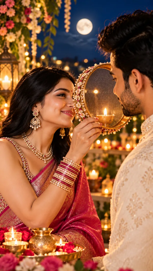 Karwa Chauth Couple Photo Editing Prompt with Golden Channi and Moonlight