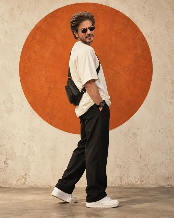 Men’s Off White T-Shirt Photo Editing Prompt with Burnt Orange Circle Background