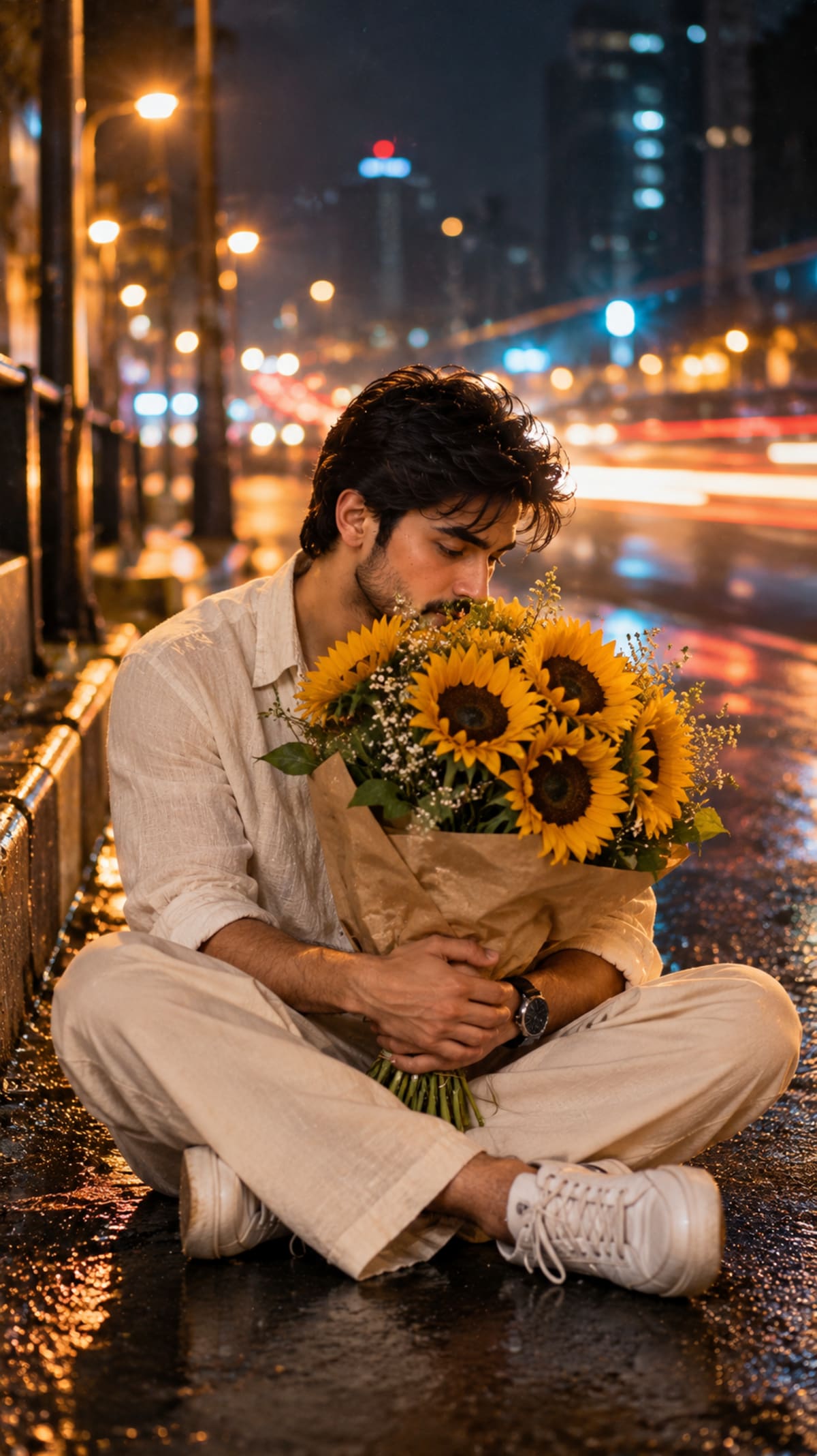 Cinematic Sunflower Bouquet Street Portrait Prompt (2)