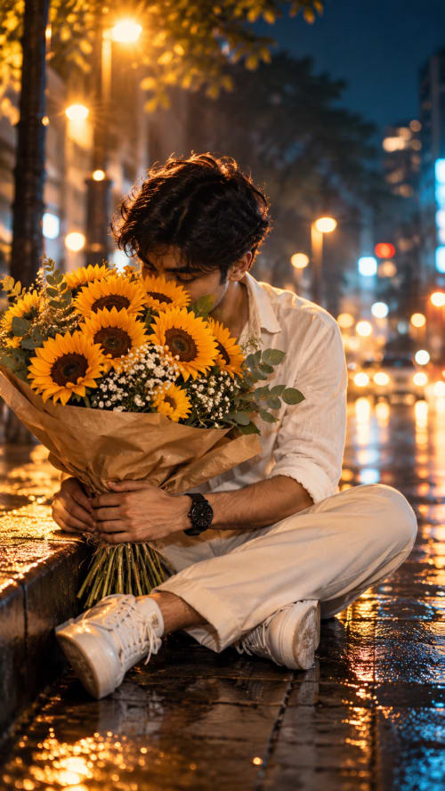 Cinematic Sunflower Bouquet Street Portrait Prompt