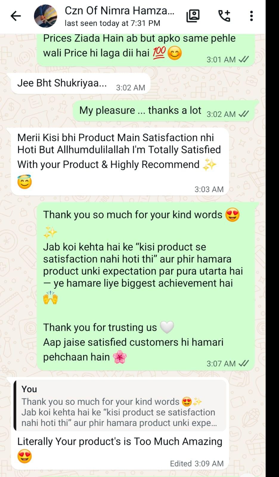 Customer message from Mahnoor Mughal