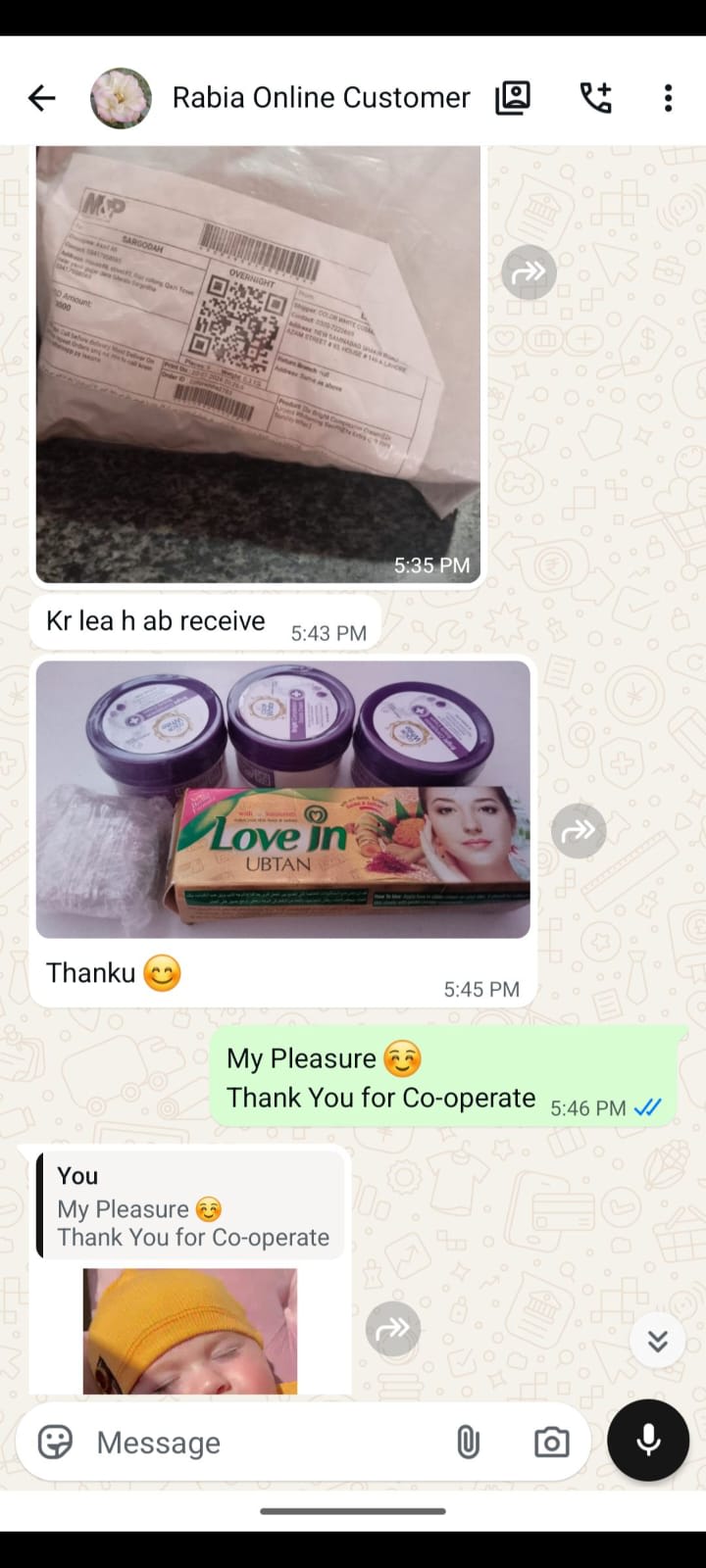 Customer message from Rabia Asad Ali