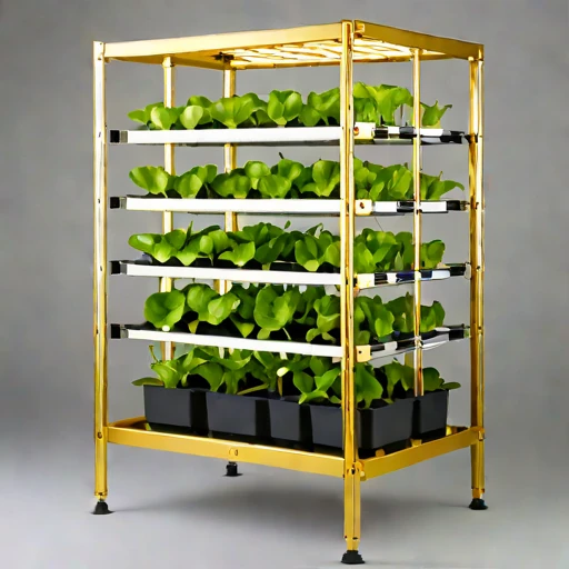 A brine-mist fogponic rack, photographed against a plain background