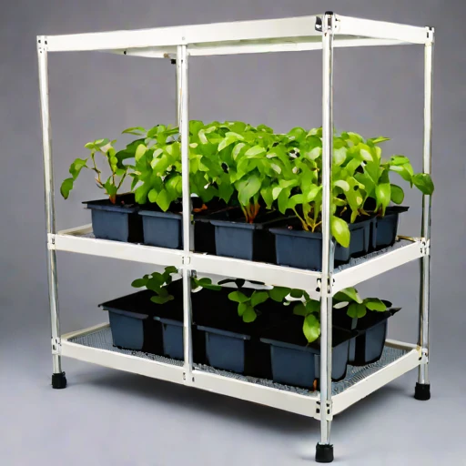 A brine-mist fogponic rack, photographed against a plain background