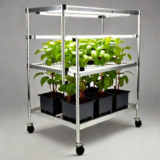 A brine-mist fogponic rack, photographed against a plain background