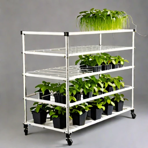 A brine-mist fogponic rack, photographed against a plain background