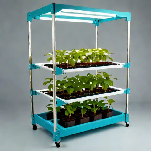A brine-mist fogponic rack, photographed against a plain background