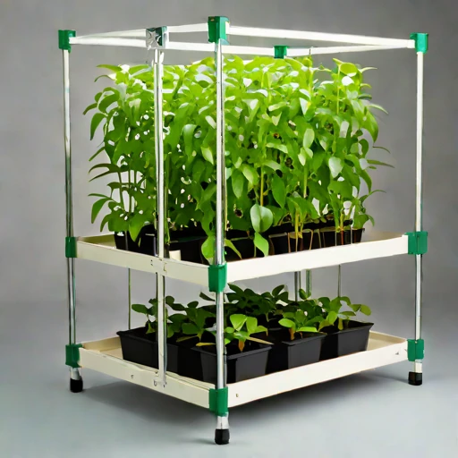 A brine-mist fogponic rack, photographed against a plain background