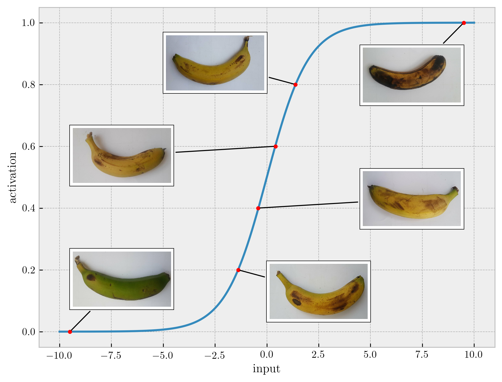 Images of bananas of varying ripeness corresponding to their activation levels.