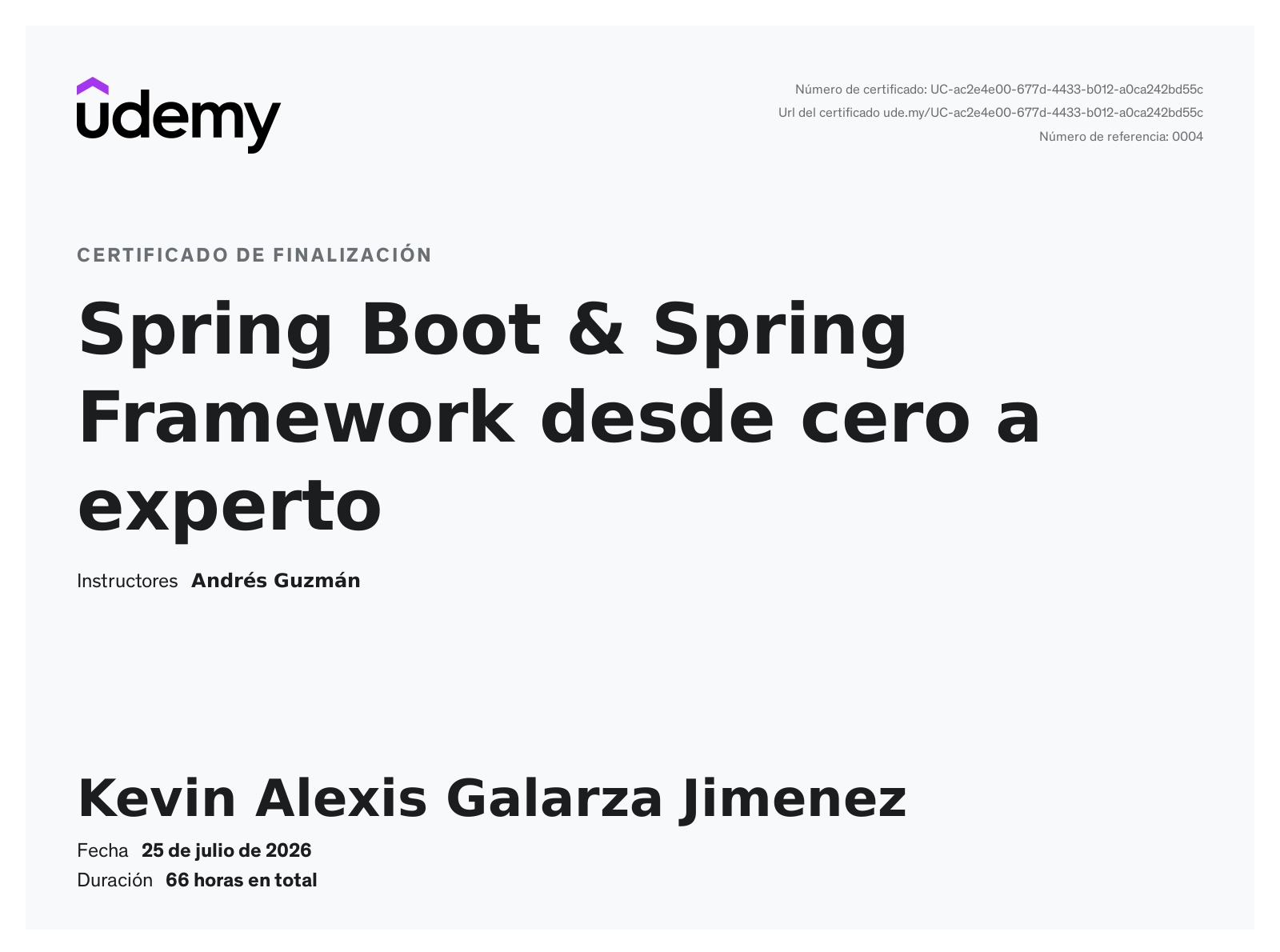 Certificado de SPRING BOOT & SPRING FRAMEWORK