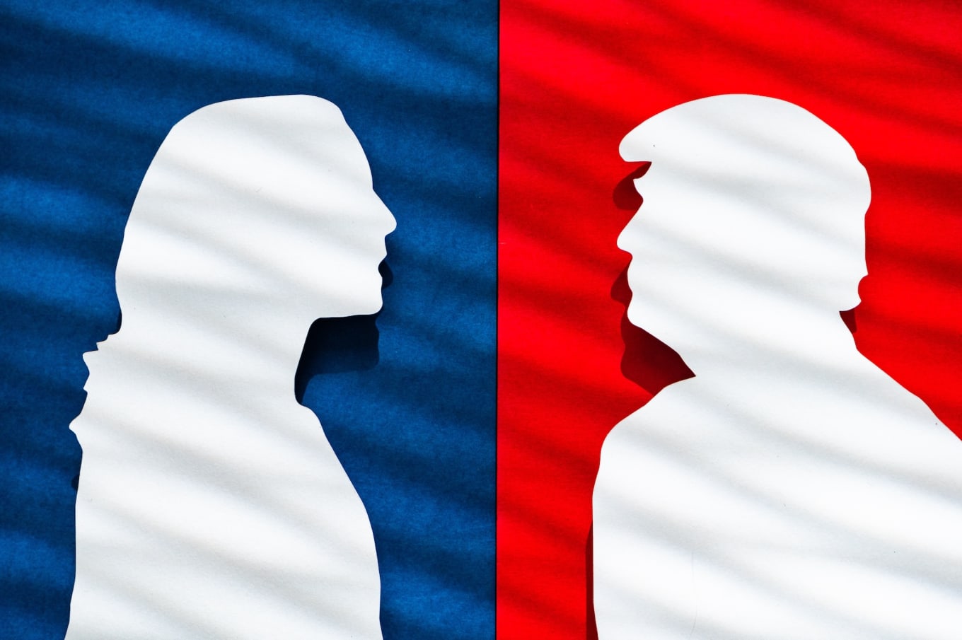 Digital illustration featuring a silhouette of Kamala Harris to the left in a blue color and Donald Trump to the right in a red color
